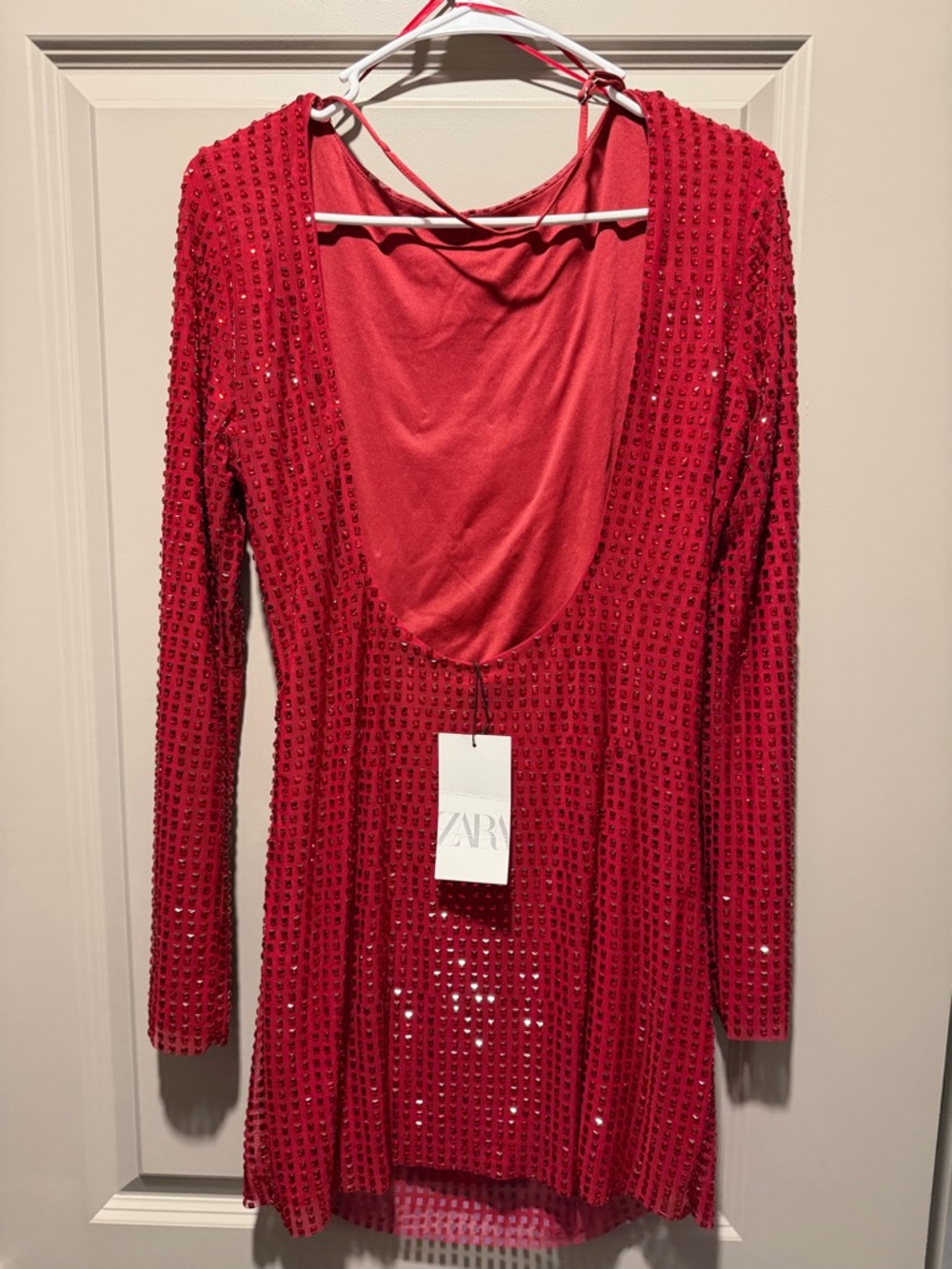 New Zara size Medium Red Rhinestone Long-Sleeve Open-Back Tulle Mini Dress - Picture 6 of 8